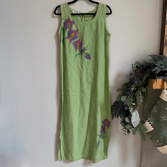 Cut Loose Green Linen Floral Maxi Dress - Picture 1 of 7